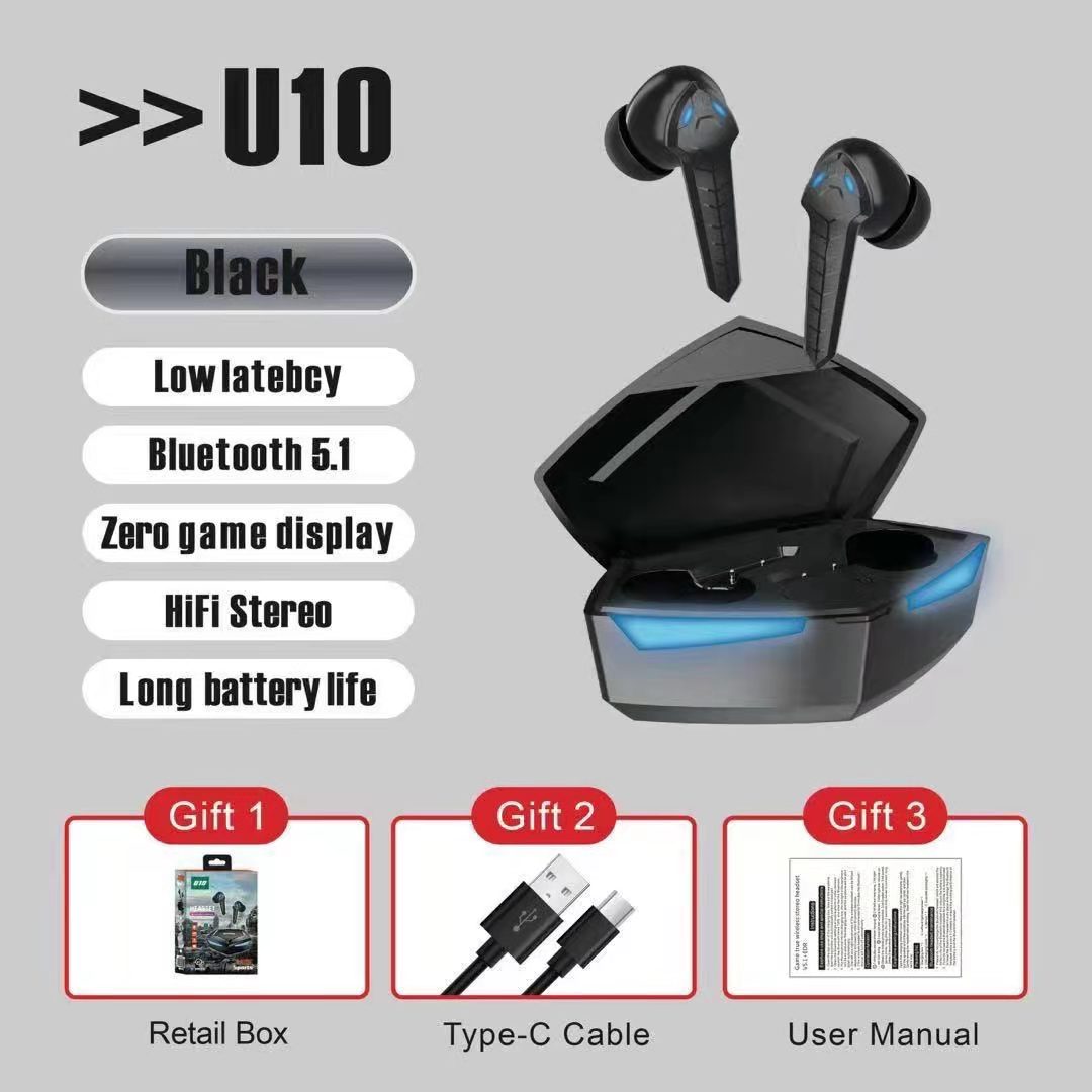 Sports Gaming TWS Bluetooth Wireless Headset Earbuds EarPHONE U10 (Black)